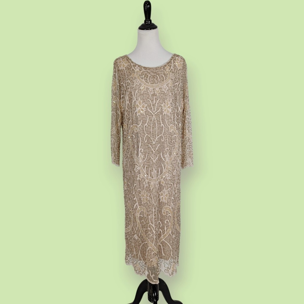New Pisarro Nights Beaded‎ Mesh Column Gown 16W Rose Mauve Sheer Sleeves